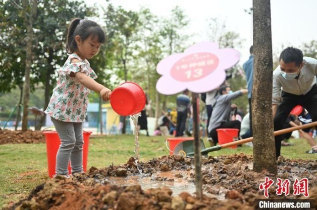 图为小朋友在广州市儿童公园为树苗浇水。　陈楚红 摄