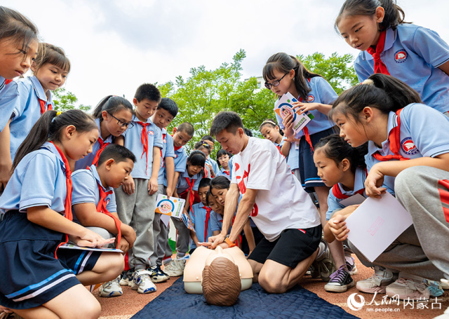 内蒙古呼和浩特市玉泉区通顺街小学学生在学习心肺复苏救护知识。丁根厚摄