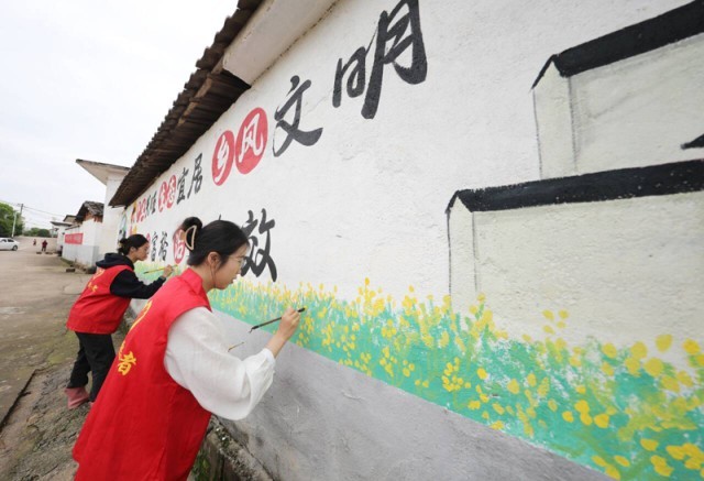 江西省抚州市东乡区珀玕乡笔村村，党员志愿者正在描绘墙画。 饶方其摄